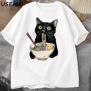 Men's Pure Cotton Ramen Cat Foodie Lover Black Retro Casual Short Sleeve Noodle Design Cat Lovers T-shirt