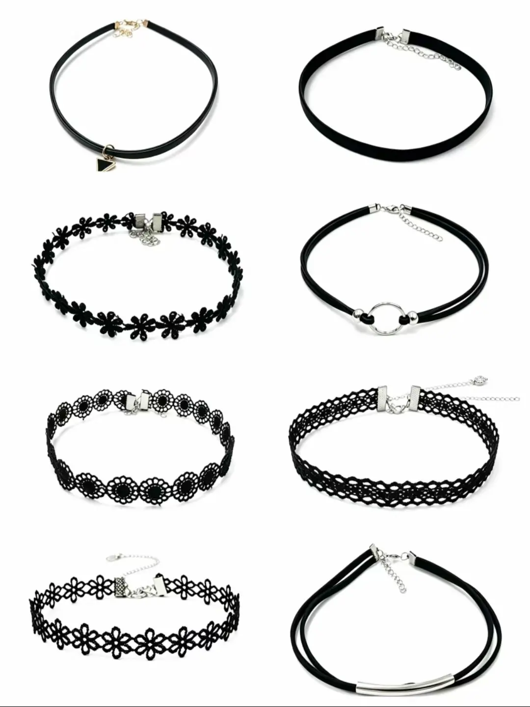 8-Piece Grunge Black Choker Set - Y2K Lace & Flower Collar Necklaces, Aesthetic Stackable Jewelry for.