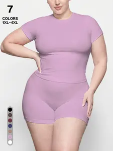 Women's Snatched Plus Size 2-Piece Set, Slim Fit Tee & Biker Shorts, Comfortable Casual Wear for Everyday Style