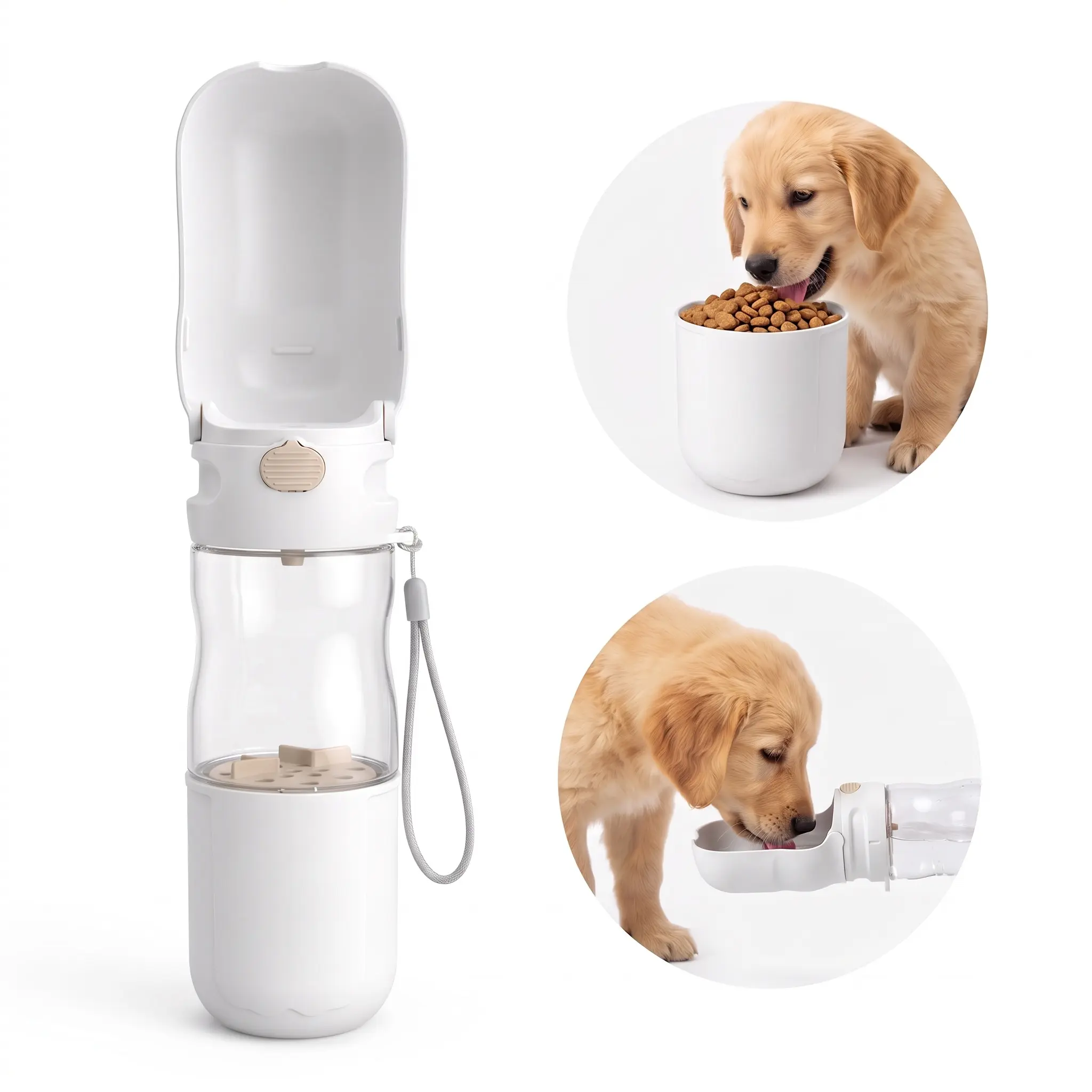 Portable Pet Water Bottle with Food Storage, Leakproof Dog Travel Bottle, 1-Touch Water Dispenser for Dogs and Puppies