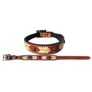 Genuine leather dog collar with rawhide lacing