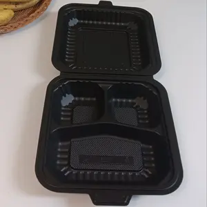 8 x 8 x 3-inch Black 3-Compartment Mineral-Filled Plastic Clamshell Take-Out Container 150/Case Eco-Friendly Disposable Kitchen Utensils