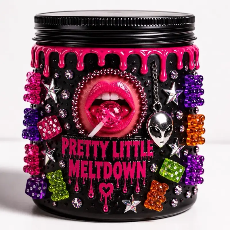 Handmade Y2K Candycore Decor Candle, Pretty Little Meltdown, Pink Sugar Scent, Kawaii Room Decor, Alien & Gummy Bear Art Candle