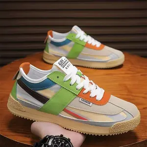 Men's Fashion Street Style Color Blocked Low Top Sports Shoes Multi-Color Striped Casual Breathable Fabric Upper Cushioning All Season Lace Up Outdoor Round Toe Training Skateboarding Shoes