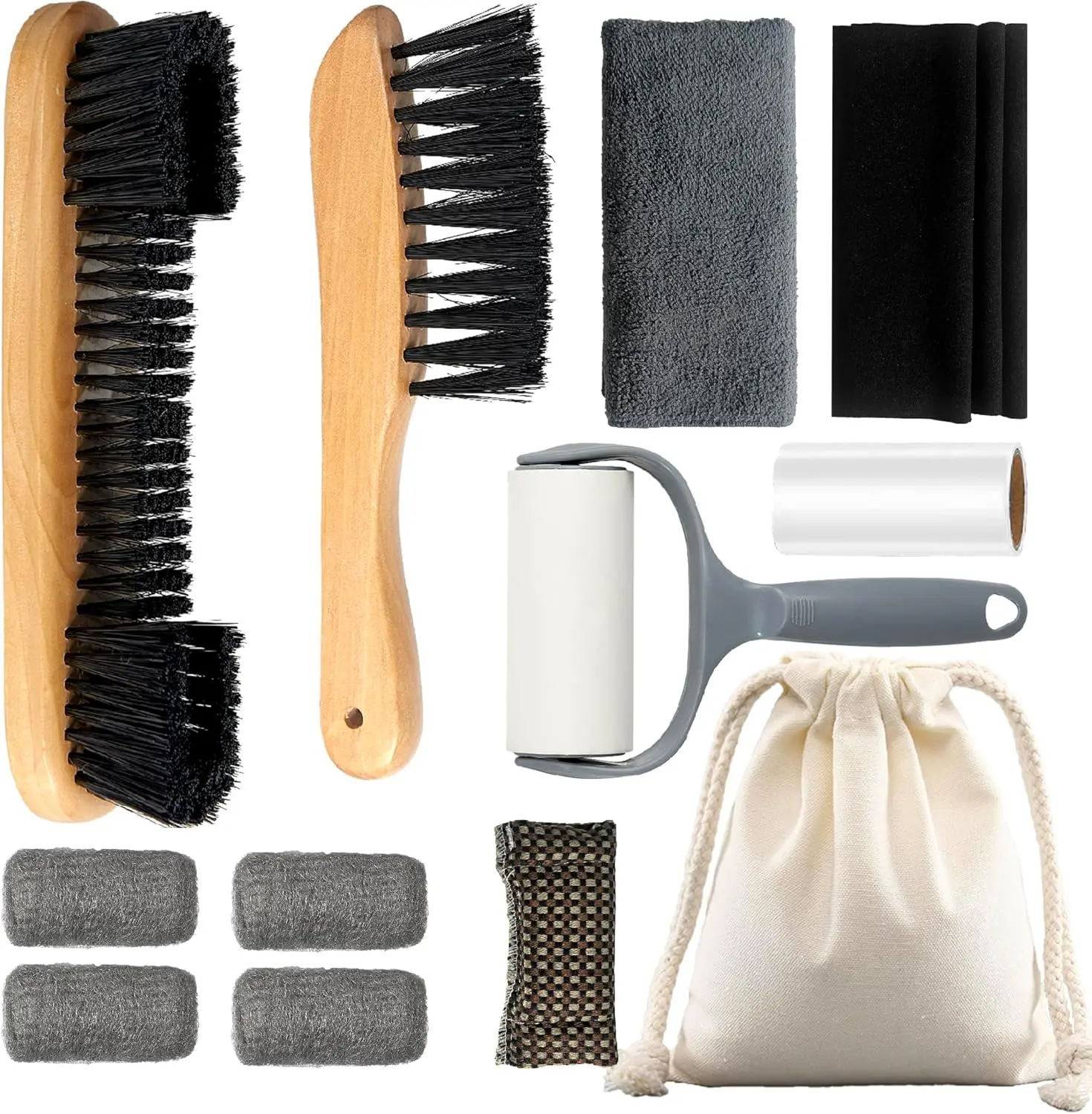 12PCS Pool Table Brush Set, with 2 Wood Brush, 4 Ferrule Polish Cloths, Cue Shaft Cleaner Cloth, Sticky Lint Roller, Storage Bag