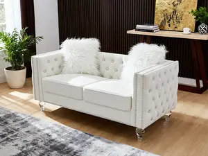 Velvet Loveseat with Buttons and Square Arms 59 Inch Tufted Sofa with Trimmed Nailhead and Metal Legs Loveseat Couch for Living Room, Bedroom (Grey-Crystal Legs, Loveseat)