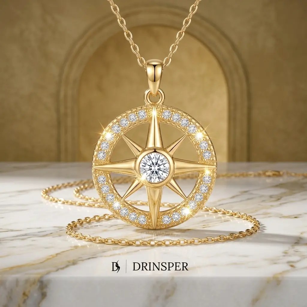 DRINSPER Compass Birthstone Necklace for Women Men Graduation Gift, 18K Gold Plated Compass Pendant with Cubic Zirconia Center Stone, 12 Birthstones Available Vintage Direction Symbol Jewelry with Adjustable Chain, Meaningful Travel Gift