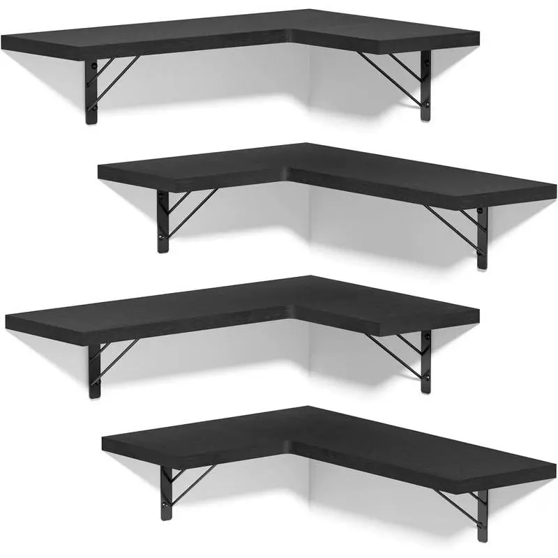 Set of 4 Corner Shelves Wall Mounted for Storage, Rustic Wood Hanging Shelves for Display, Bathroom Bedroom Living Room, Black - Decor, Wooden