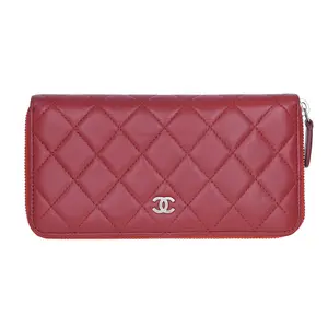 Pre-owned CHANEL Leather Small Leather Goods Quilted Zip Around Wallet Red