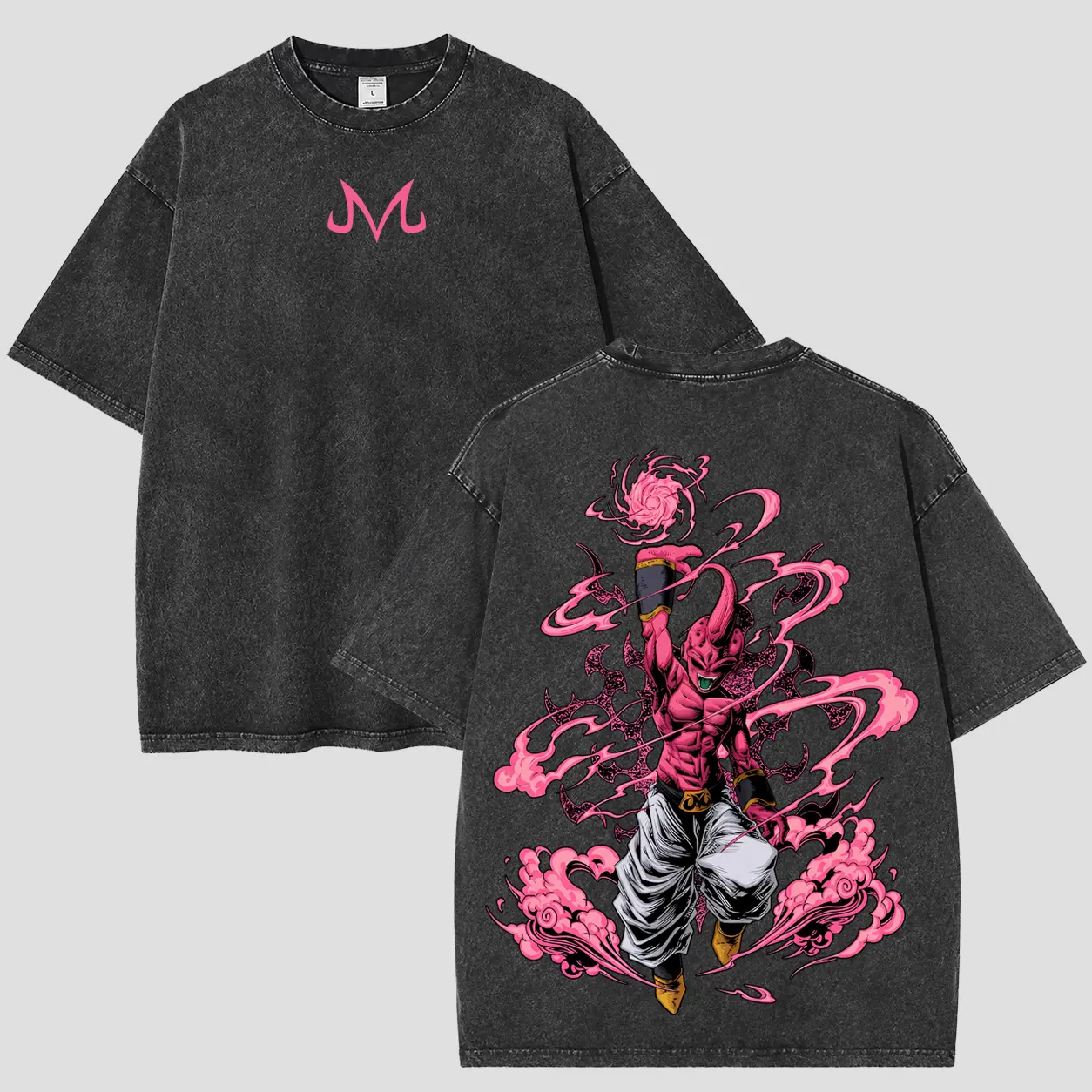 Men's Retro Black-Acid Wash Oversized Short-Sleeve Majin Buu Anime T-Shirt, Sports Top for Menswear