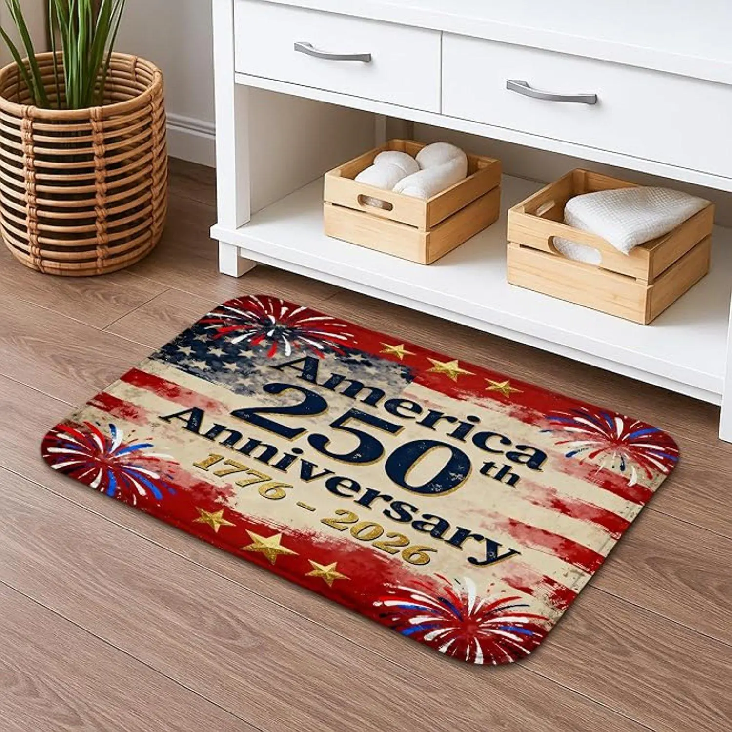 America 250th 1776-2026 Flannel Fabric Floor Mat - Retro US Flag American Theme Rug, Anti-Slip Backing Front Entryway Decor Indoor Outdoor Rug