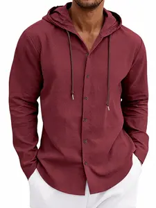 Men's Linen Hooded Shirt, Long Sleeve, Colorblock Leather Drawstring, Loose Fit, Breathable Fabric, Casual Spring & Fall Top, Multi-Scene Wear, Menswear