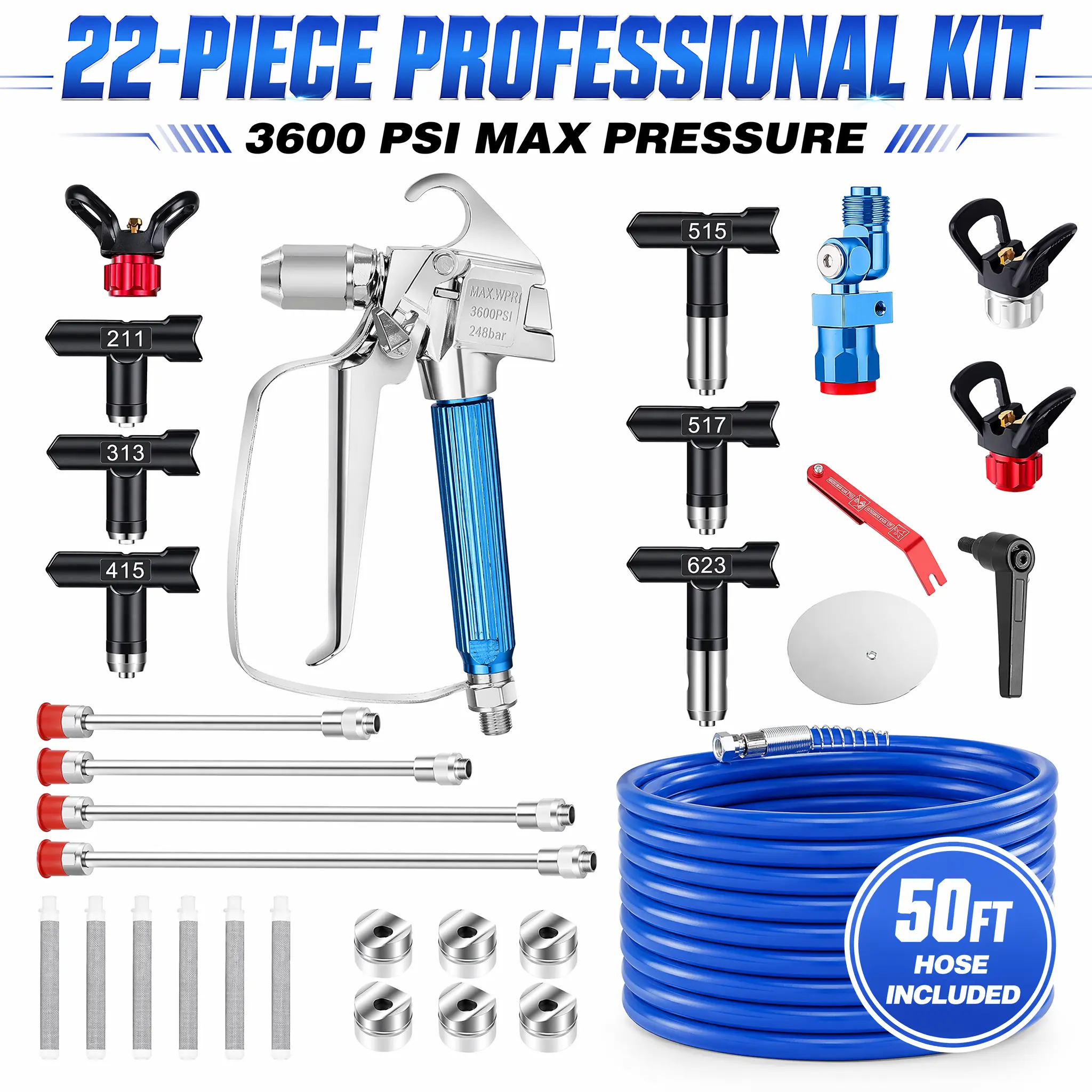 17/22 Pcs Airless Paint Sprayer Gun Set with 5 Types Nozzles 3 Sizes Extension Pole & 5 Mesh Filters for Efficient Painting