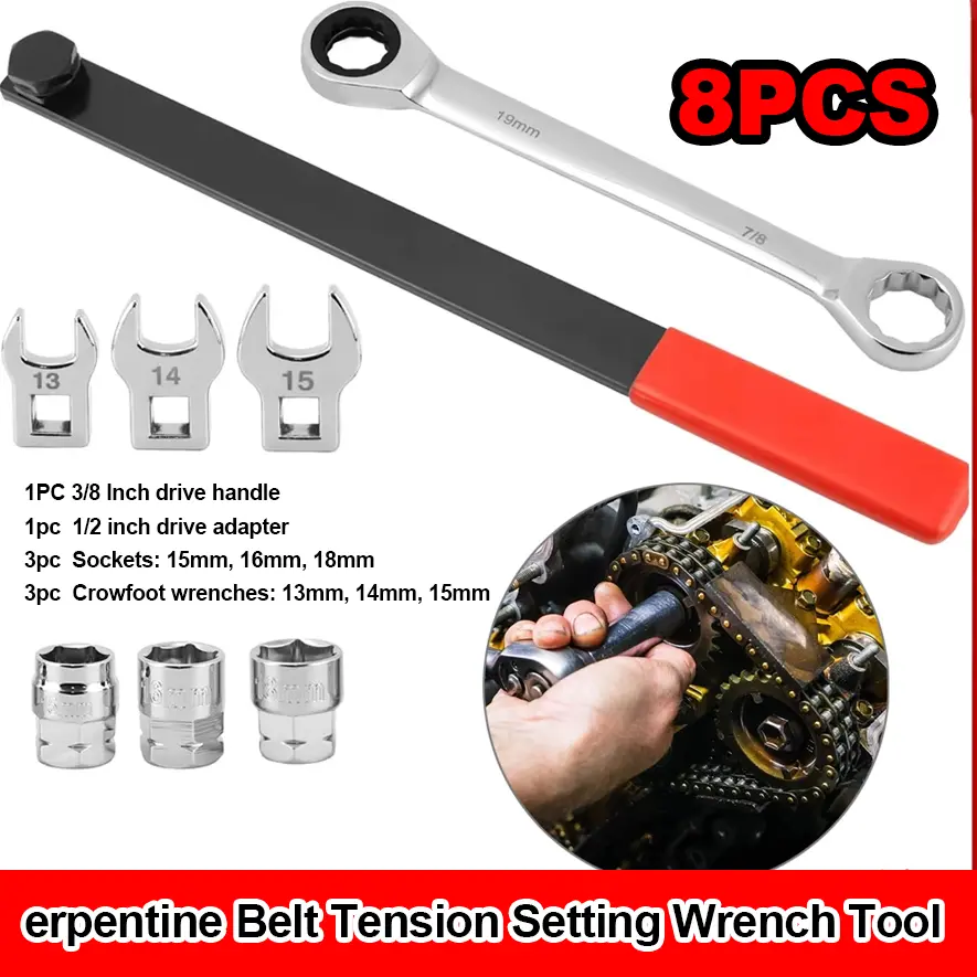 8-Piece Long Handle Serpentine Belt Tool Kit Set - 23 in. Handle, 13mm/14mm/15mm Crowfoot Wrenches, 15mm/16mm/18mm Sockets for Spring-Loaded Idler Pulleys, Ideal for Mechanics’ DIY Repair & Belt Removal