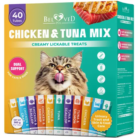 Beloved Pets Lickable Creamy Cat Treats - Chicken & Tuna Flavor, 40-Pack Bulk Packaging