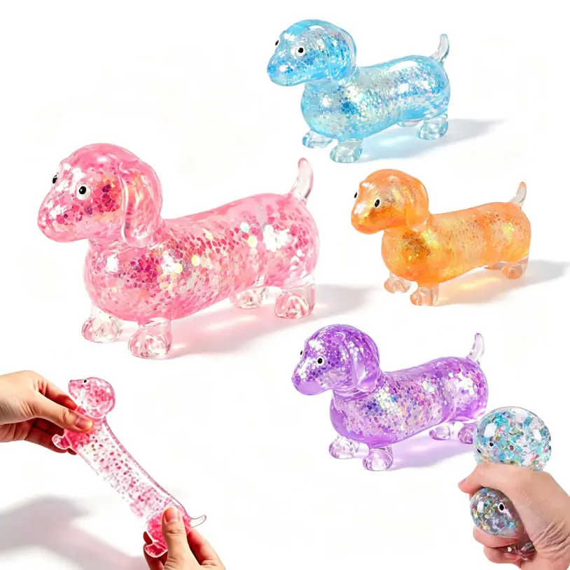 Summerwins Upgraded Sparkly Dachshund Gel Stretch Squishy Fidget Toy - Cute Mini Sausage Dog Soft Stress Ball, Decompression Squeeze Tool, Squeeze Ball Fidget for Neurodiverse Kids, Stress Relief Gift