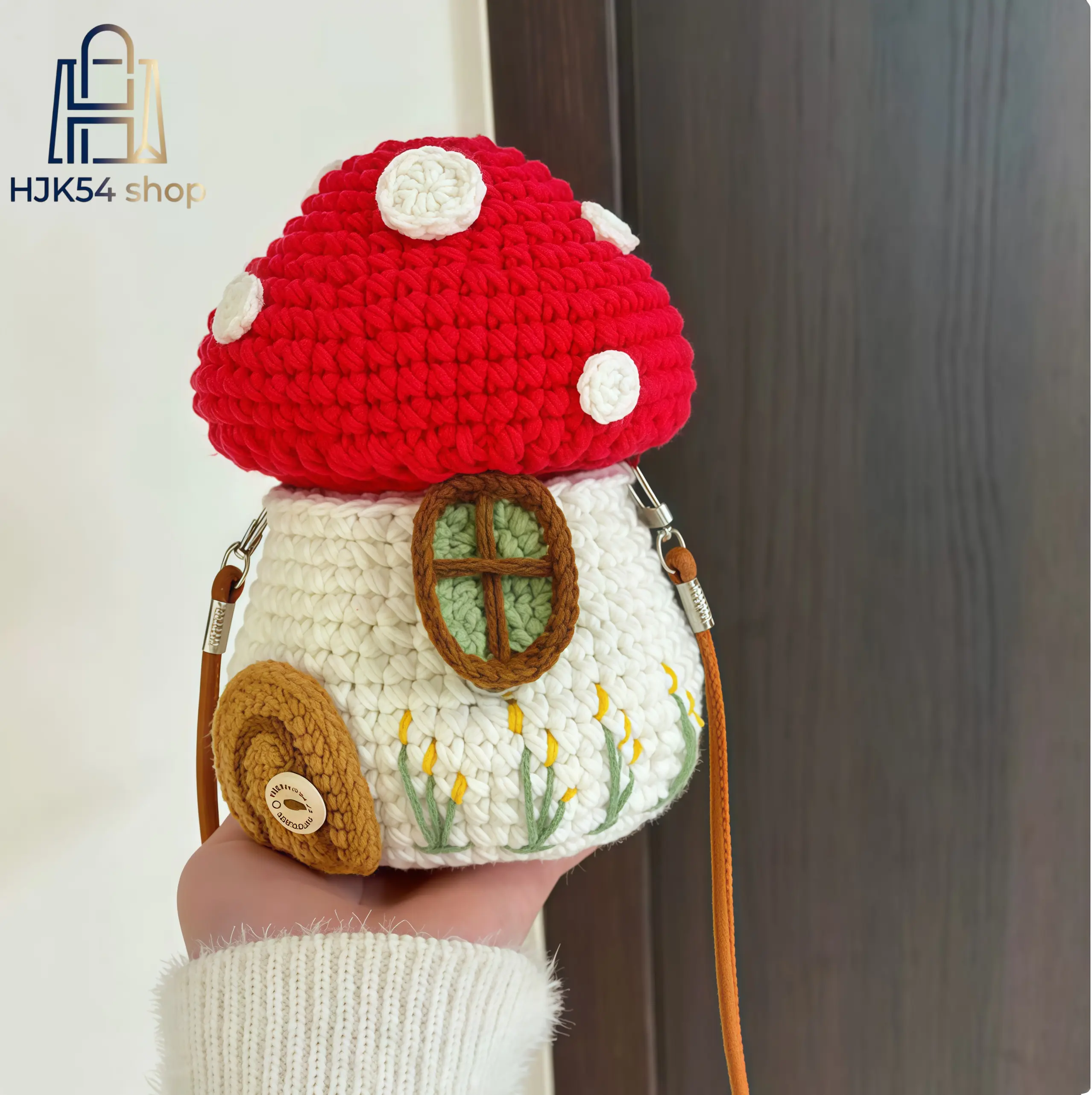 Crochet Crossbody Bag for Girls, Handmade Mini Mushroom Fairy Cottage Purse in Knit Fabric, Lightweight Novelty Shoulder Pouch, House Purse, Girly Feminine Items, Daily Wear, Thin Strap, Adjustable Strap, Casual