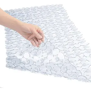 Non Slip Bath Mat Pebbles Bathtub Mat with Suction Cups, Drain Holes for Bathroom Showers, Tub, 35 x 16 Inches Machine Washable Bathroom Mats BPA, Latex Free Safe Shower Mats - Clear