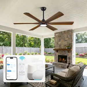 60/72 Inch Outdoor Ceiling Fan with Light and Remote, Damp Rated 6 Blades Crafted from Natural Solid Wood, 8000CFM High Airflow Quiet 6-Speed Reversible Motor, for Patio Porch or Indoor Use