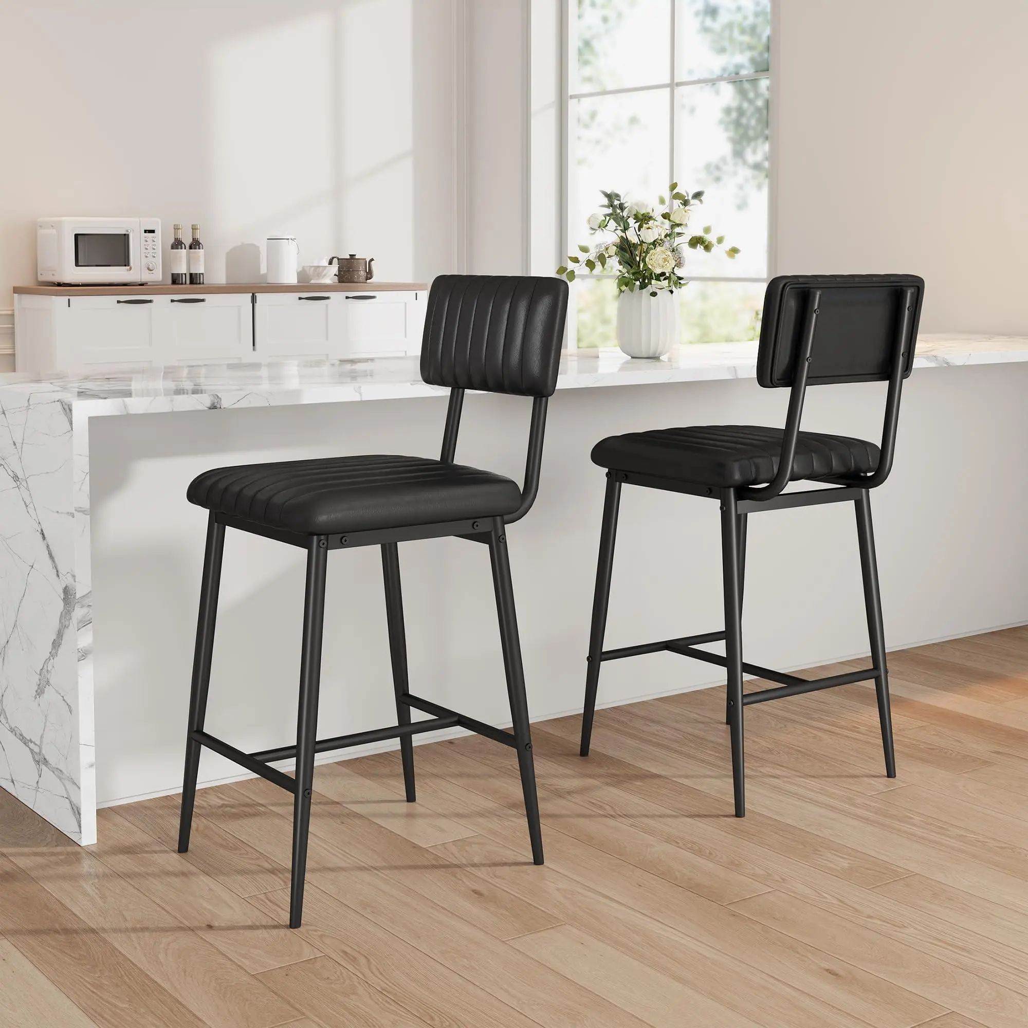 Black Litchi Grain Armless 2-Piece Counter-Height Bar Stool Set - 25.6 in Height, Textured PU Leather, Thick Cushions, Backrests, Footrests, Durable Reinforced Metal Legs, Ergonomic Design, 400 lbs Capacity - Stable for Kitchen Islands, Commercial Bars