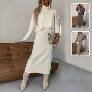 2pcs Sweater and Skirt Winter Fashion Turtleneck Pullover And Sleeveless Long Dress Womens Clothing