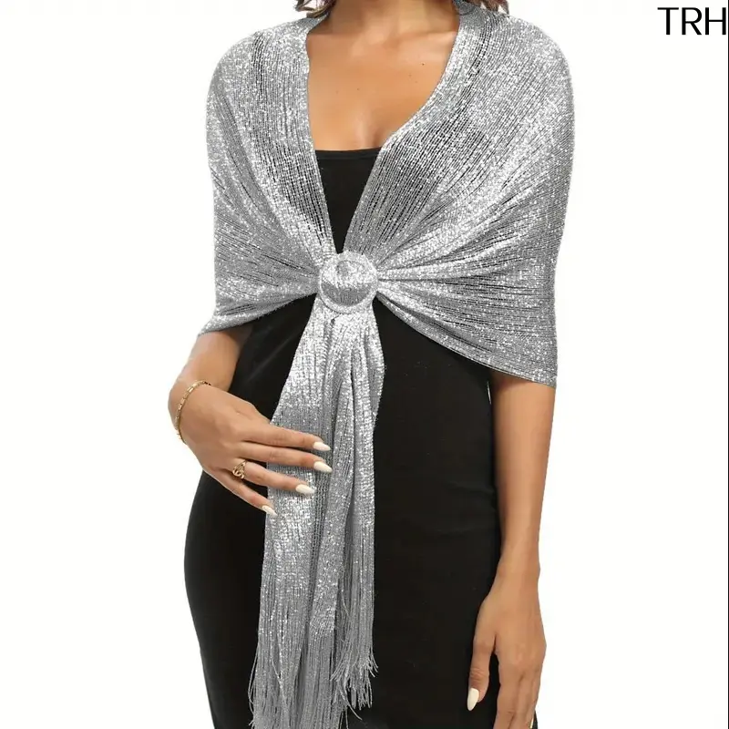 Glitter Metallic Thread Shawl Wrap For Women, Fringe Evening Stole With Free Ring Buckle, Sparkly Sheer Tassel Scarf Cover Up, Formal Wedding Bridal Prom Party Beach Cover, Shimmer Lightweight Dress Accessory