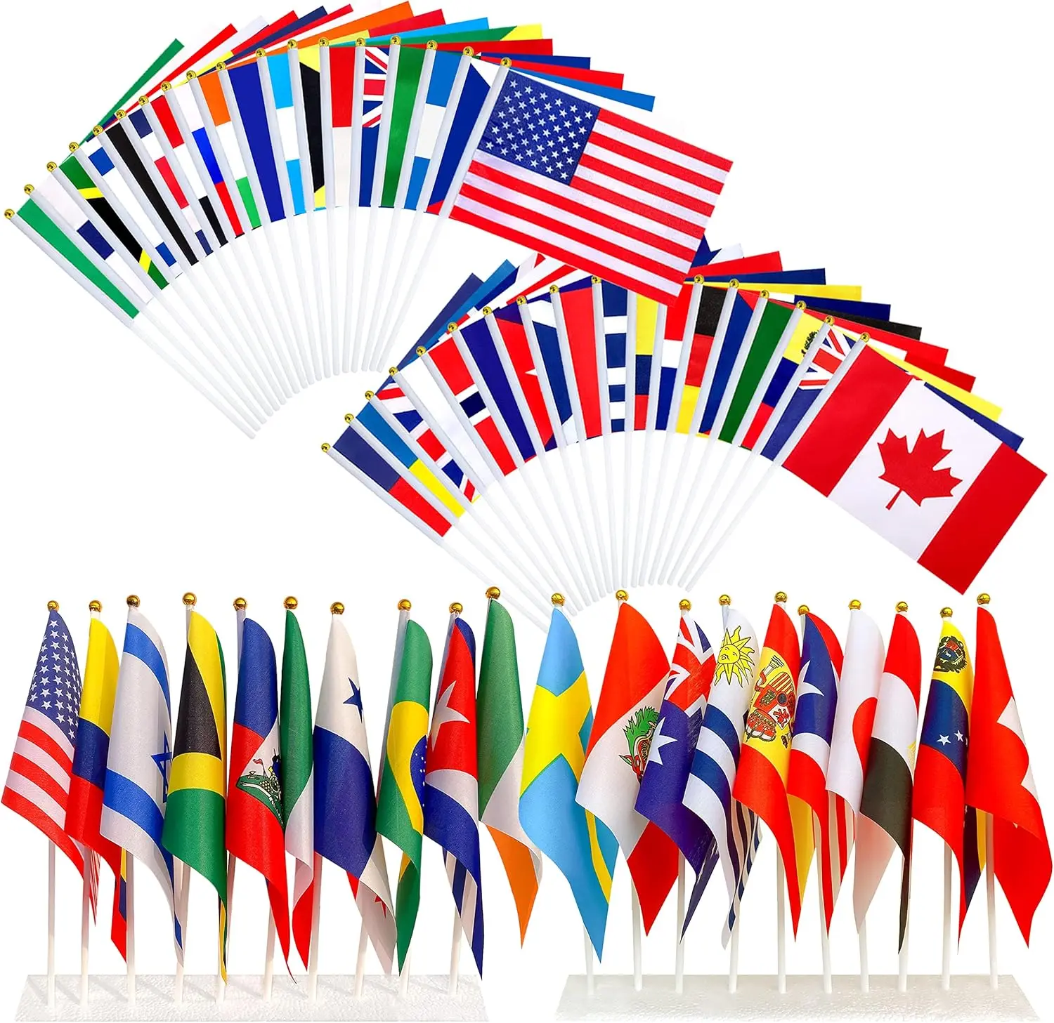 48-Pack Mini International Handheld Flags - Waterproof, Lightweight Polyester Flags with Sticks, Multipurpose Decor for Parties, School Events, Flag