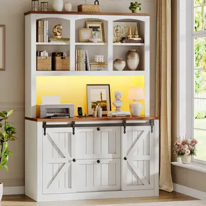 Sedeta 41 In Modern 2-Drawer File Cabinet - Farmhouse Office Wood Furniture with Power Strip, Printer Stand, Storage Shelf, Bar Door, LED Lights, Fits Legal, Letter, A4 Files for Home Office