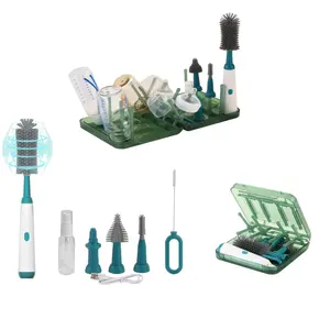 Portable Electric Bottle Brush Cleaner and Drying Rack Set, Foldable Bottle Drying Rack with 16 Ribs, Automatic Bottle Cleaner Brush Help Thorough Cleaning of Baby Bottles and Breast Pumps