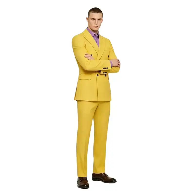 Men's Classic 2-Piece Slim Fit Bright Yellow Double Breasted Polyester Suit Set - Plain Casual Clothes, Blazer & Pants for Events, Daily Wear