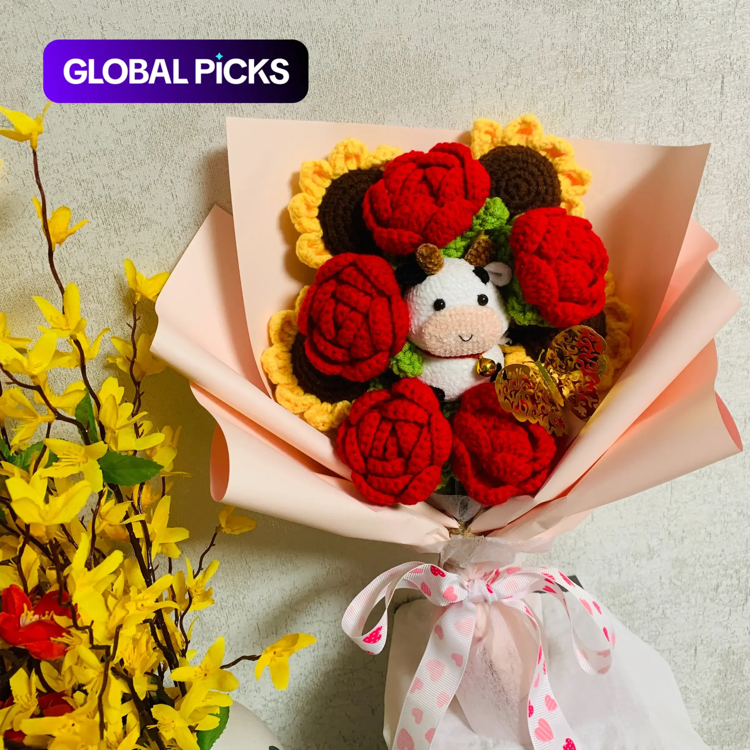 Crochet Flower Bouquet, 1 Count Handmade Knitted Rose Bouquet with Cow Doll, Gift for Girlfriend, Birthday Gift, Faux Flower Decorations, Artificial Flower Decorations, Fake Flowers Decor, Home Decor #GLOBAL PICKS