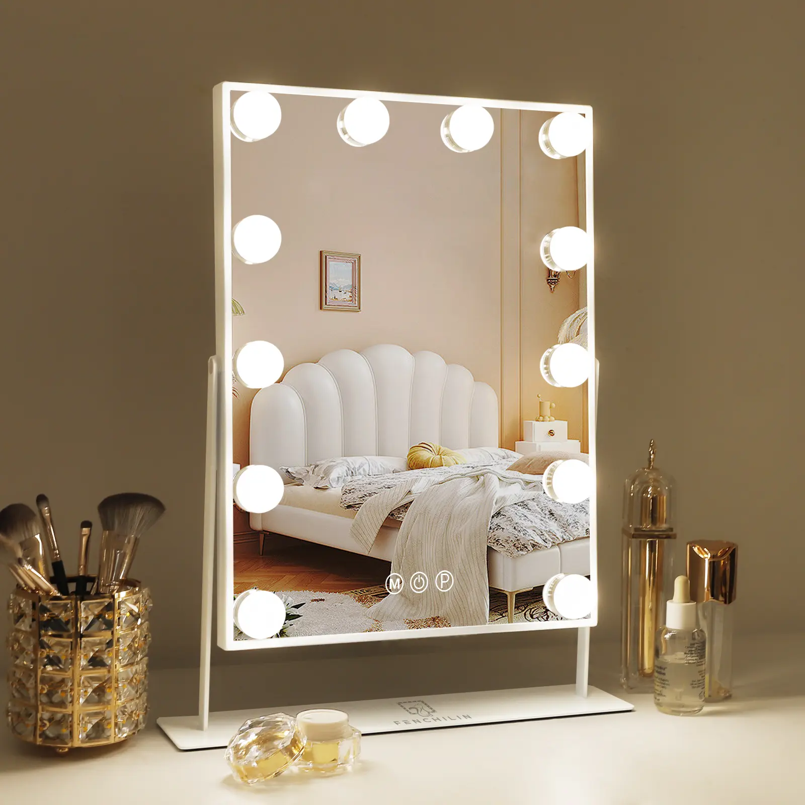 VANITII GLOBAL 14"x18" LED Makeup Mirror, 360° Rotating Tabletop Vanity with 12 LED Lights, Adjustable Soft to Bright Glow, 3 Warm/Cool Color Temps and 10X Magnifier for Cosmetics & Grooming, Lighting