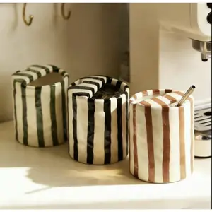 Vintage Striped Hand-Painted Mug Creative Ceramic Double Cup for Office Coffee Tea & Breakfast Water Use