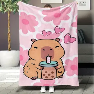 The capybara drinking bubble tea with a pink floral heart background is perfect for sofa and living room decoration, sofa cover blanket, Food Themed Blanket, fleece blanket, nap blanket, Soft Cozy Throw, with a plush texture.