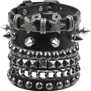Punk Rock Studded Bracelet Set, 4 Pcs Leather Cuff Bracelets for Men & Women, Stackable, Punk Fashion, Gothic Style, Edgy, Bold Statement, 80s Emo Goth Accessories, Stylish Jewelry, Gothic Bracelet