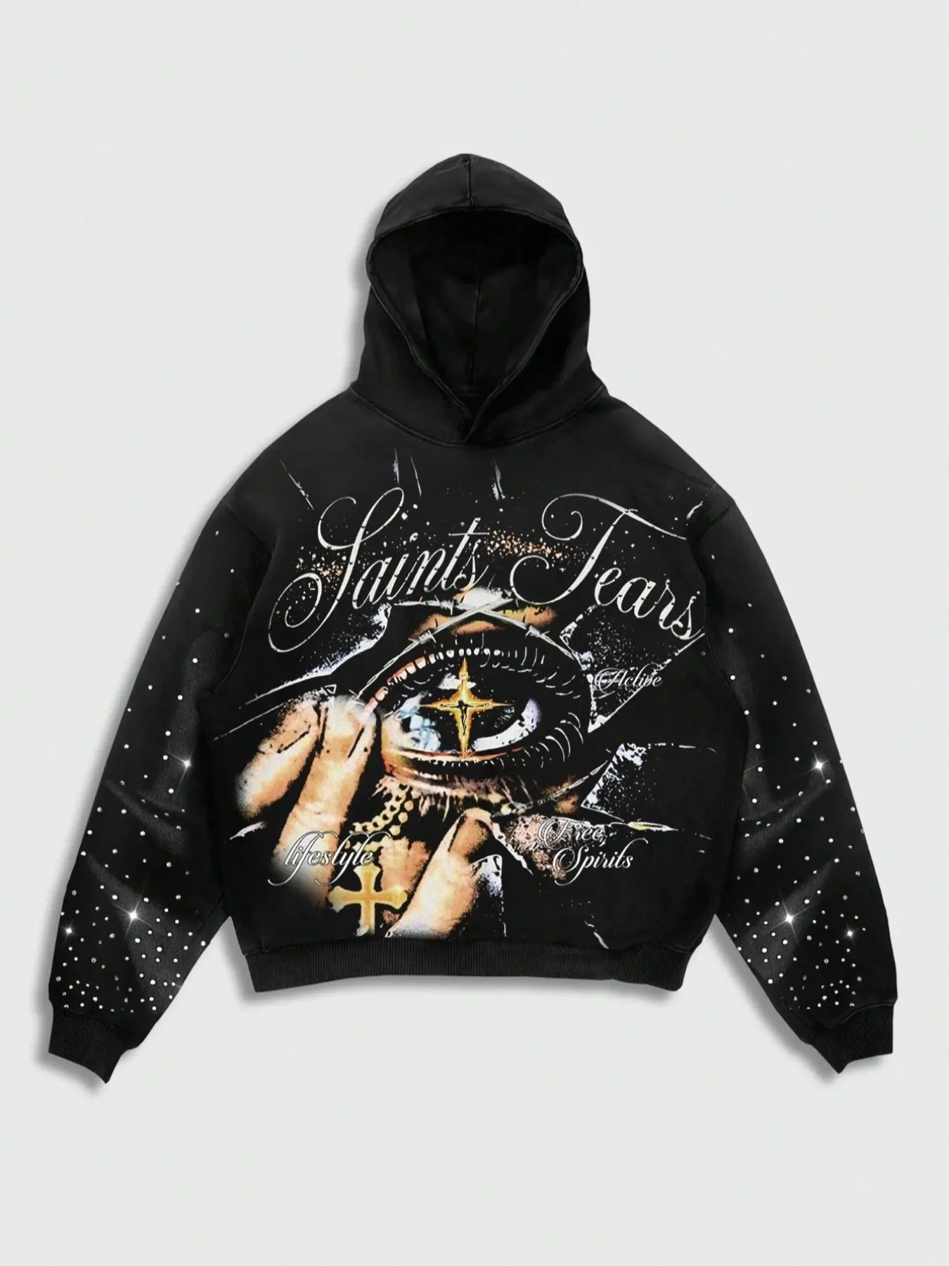 Men's Hoodie with Saints Tears Geometric Graphic, Eye & Cross Design, Rhinestone Embellished Sleeves, Loose Fit, Long Sleeve, Streetwear Style, Sweatshirts, Hooded Sweatshirts, Hoodies Streetwear, Menswear