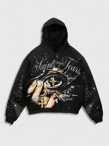 Men's Hoodie with Saints Tears Geometric Graphic, Eye & Cross Design, Rhinestone Embellished Sleeves, Loose Fit, Long Sleeve, Streetwear Style, Sweatshirts