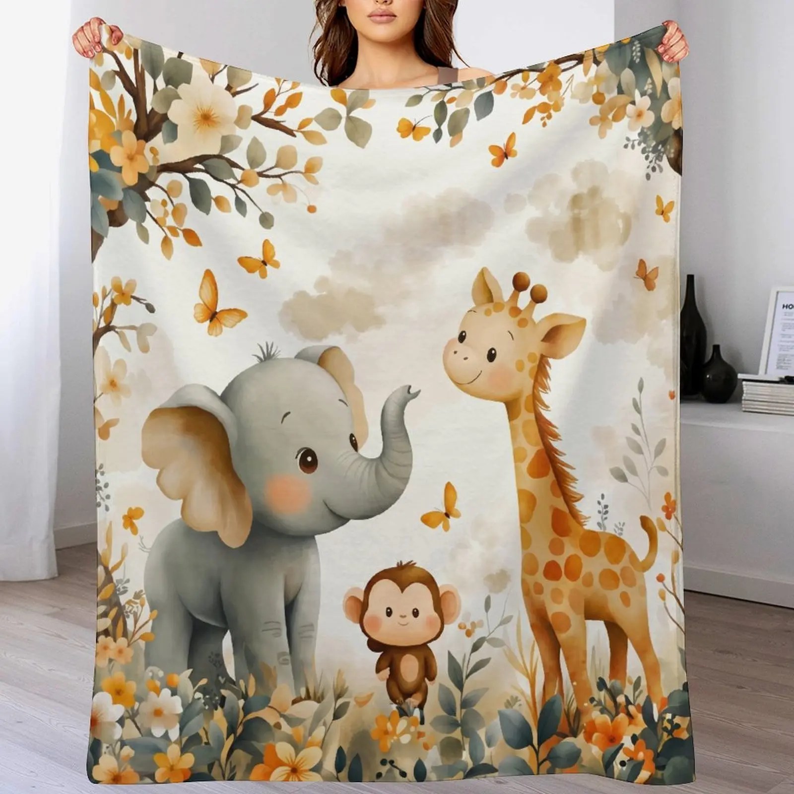 Watercolor Safari Animal Blanket, Elephant, Giraffe & Monkey Nursery Throw, Soft Neutral Crib Blanket