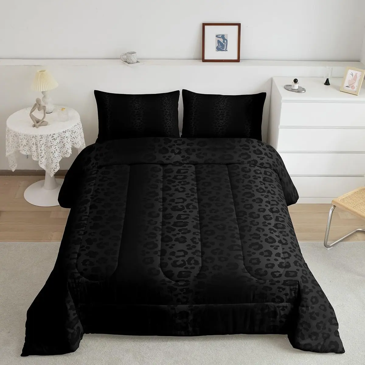 Feelyou Modern Breathable Microfiber Queen Comforter Set - Digital Black Grey Leopard Print Duvet Cover Set, Zoo Fur Comfy Bedding, Decorative Bedding for Teens, Bedroom Decor Ideas, Animal Print Quilt, Comfy Bedding Set