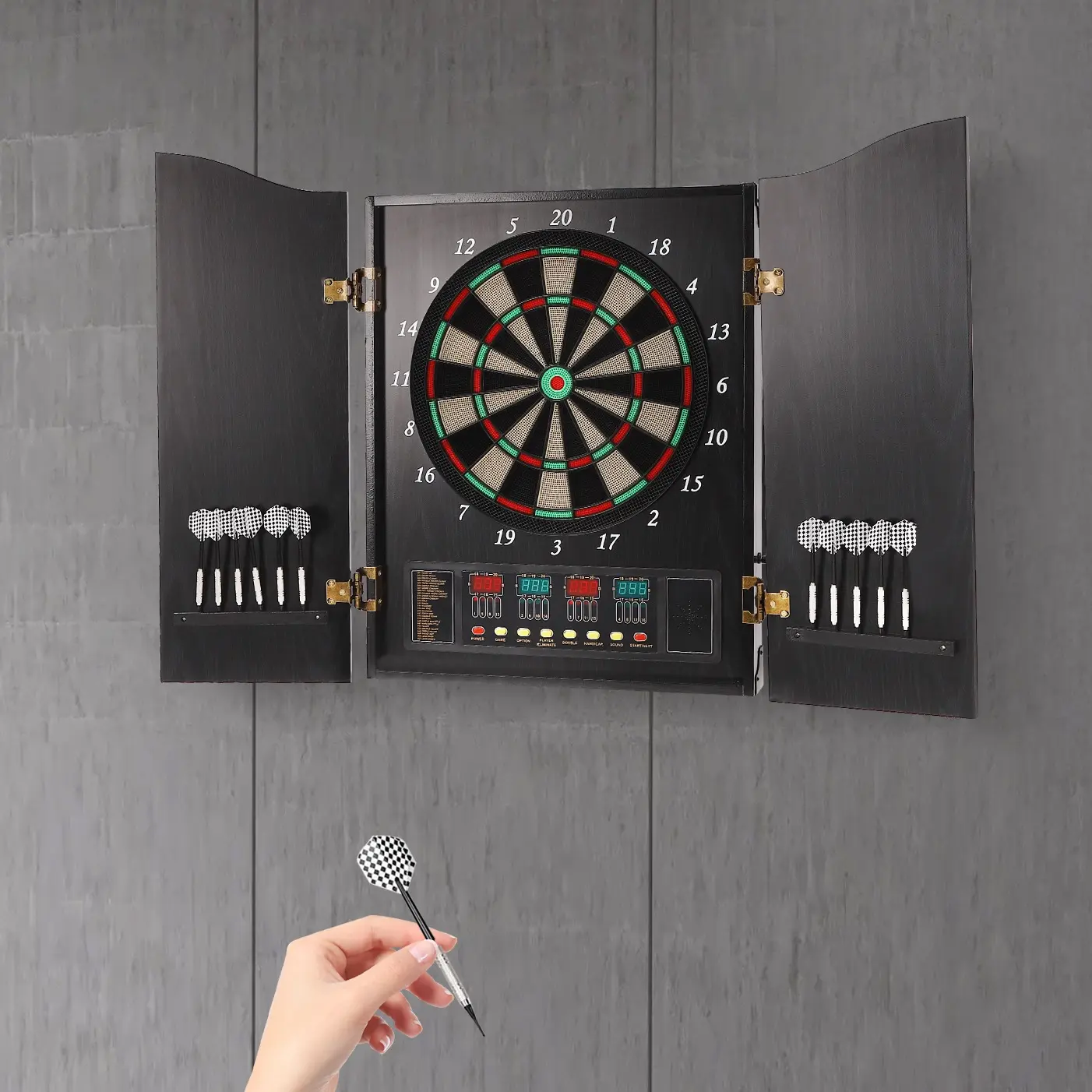 CNCEST Electronic Dartboard Machine with Black Wall-Mountable Cabinet, Darts Gear, LED Scoring System, 12 Soft-Tip Darts, Voice Prompts, 27 Multi-Game Options for 16 Players, ABS Material
