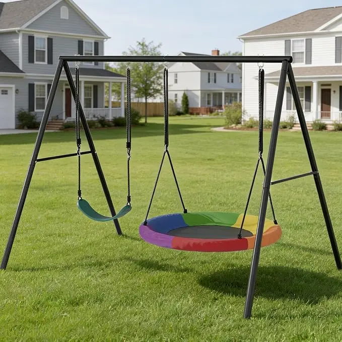 Saucer Swing with Frame for Kids Outdoor, 440lbs Heavy Duty 2-Seat Swing Set, Metal A-Frame Backyard Playset with 39.4" Large Saucer Swing & 26.3" Belt Swing for Backyard & Playground