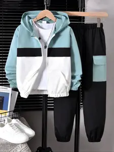 Boys' Fashion Zipper Hooded Windproof Jacket & Casual Comfortable Pants Set, Clothes Kids, Colorblock Patchwork Design, Long Sleeve