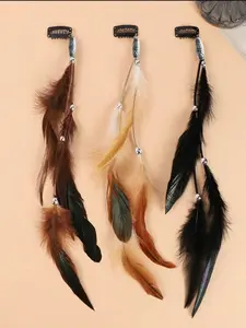 Boho Style Feather Design Hair Clips Set, Vintage Synthetic Feather Hair Accessories with Tassels, Tassel Detailing, Long Ethnic Headbands for Photoshoots, Beach Vacations, Beach Outings, Feather Hair Decorations