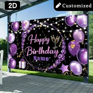 1PC,2D Flat Custom Name Purple Balloon Happy Birthday Backdrop, Party Decoration Banner with Diamond & Champagne Elements, for Outdoor Indoor Celebration, Personalized Name Birthday Hanging Cloth, B
