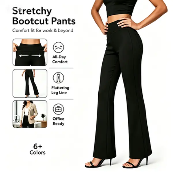 Bootcut Trousers for Women - High Waist, Stretchy Polyester, Seamless Pull-On Style with Pockets for Office, Fashion Apparel, Work Pants, Office Work Clothes, Knitwear, Corporate Office Wear