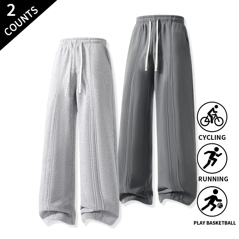 2-Pack Men’s Fashion Stitched Wide-Leg Sweatpants with Elastic Waist – Casual Long Pants Ideal for Urban Street Style, Gym Wear, and Everyday Looks in All Seasons