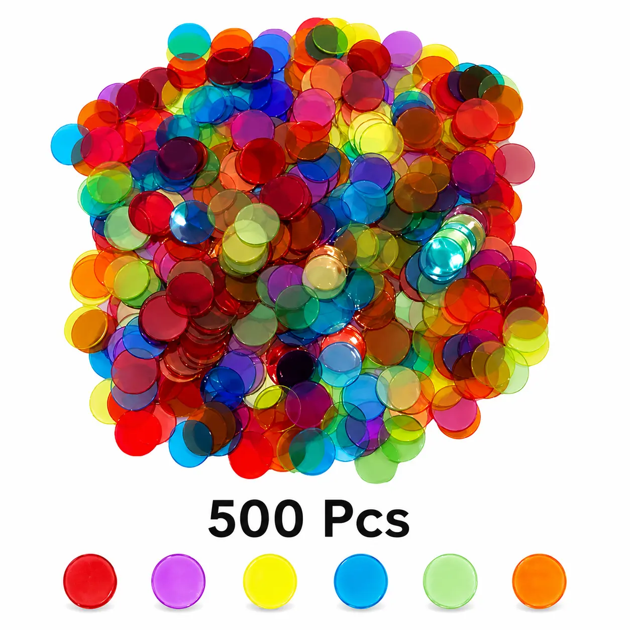 500 Pieces 3/4 inch Transparent 6 Color Bingo Counting Chips with Bag