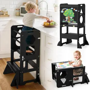 WOODURE 4-in-1 Toddler Kitchen Step Stool - Foldable Learning Tower with Blackboard for Kids Ages 1-3