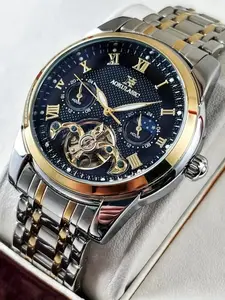 [Hollow Tourbillon Watch] Commercial style hollow tourbillon mechanical watch - men's watch, skeleton design, 24-hour moon phase display, hollow design, circular alloy case, automatic winding, no battery, the preferred gift for watches