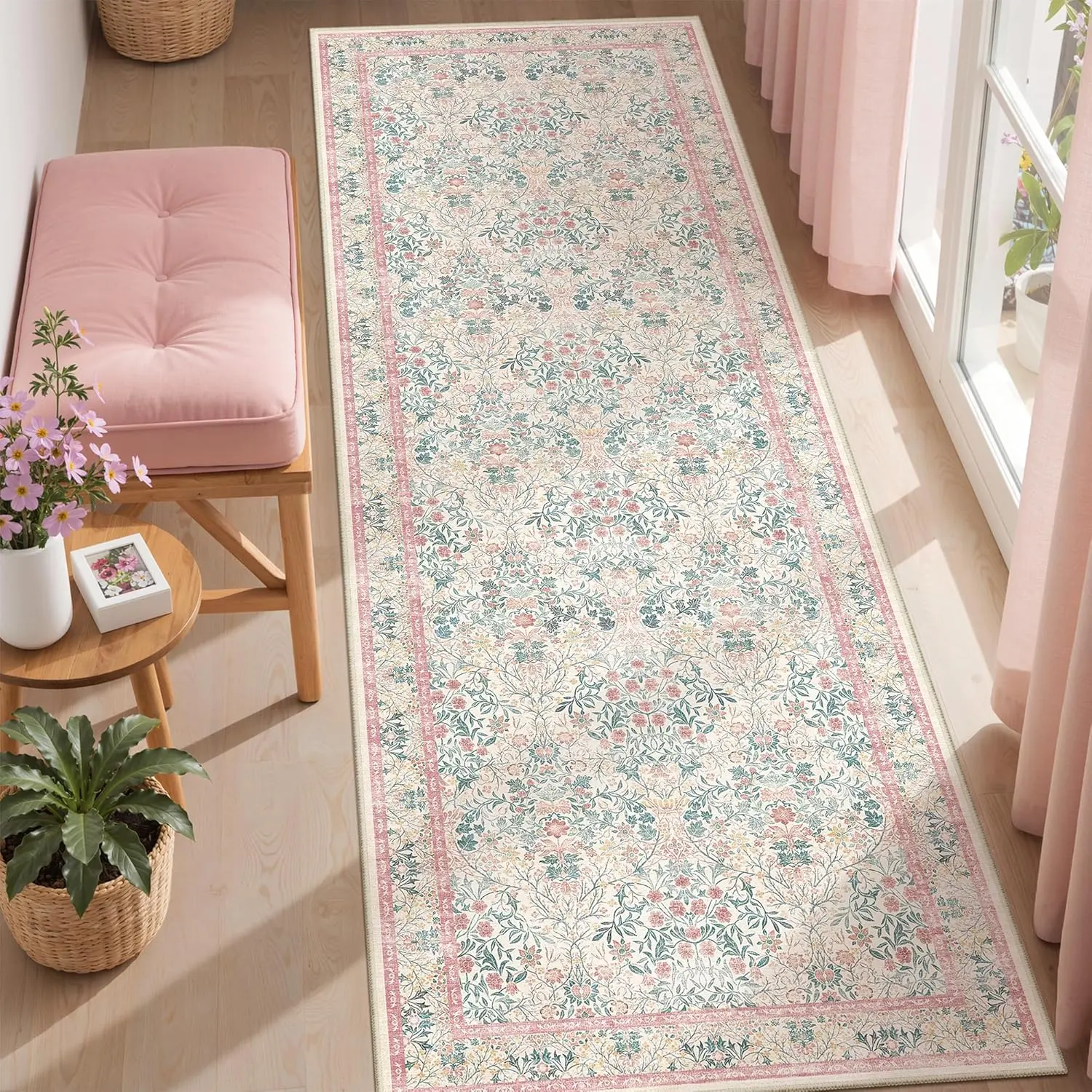 ComiComi Boho Vintage Pink Floral Hallway Runner Rug, Moynesa Washable Thin Pile Kitchen Rug with TPR Rubber Backing, for Entryway, Kids Room, Floor Rugs, Aesthetic Room Decor